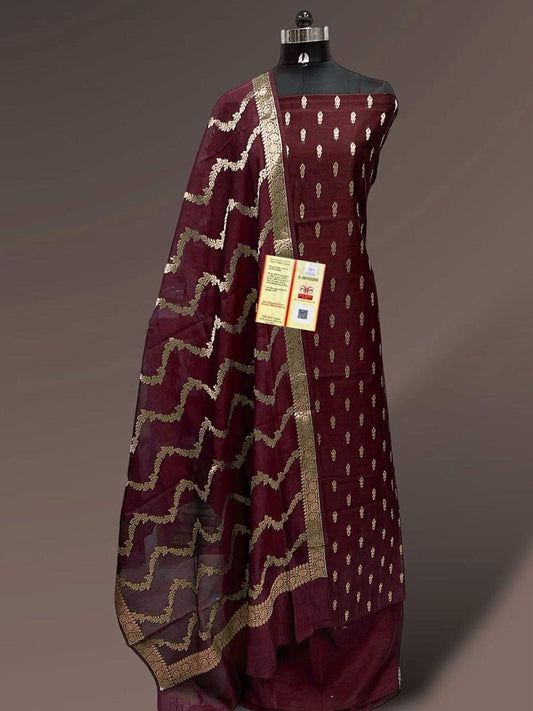 Brown Katan Silk Floral Zari Booti with Zig-Zag Dupatta Banarasi Suit  700SKL_KS56