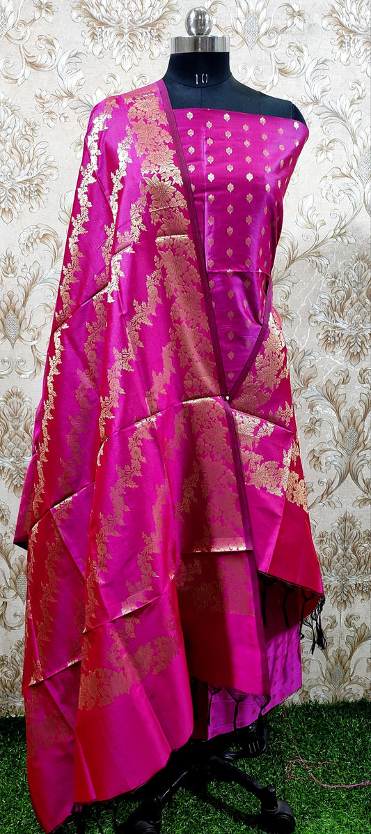 Magenta Katan Silk Floral Zari Booti with Aada Stripe Dupatta Banarasi Suit 700SKL_KS56