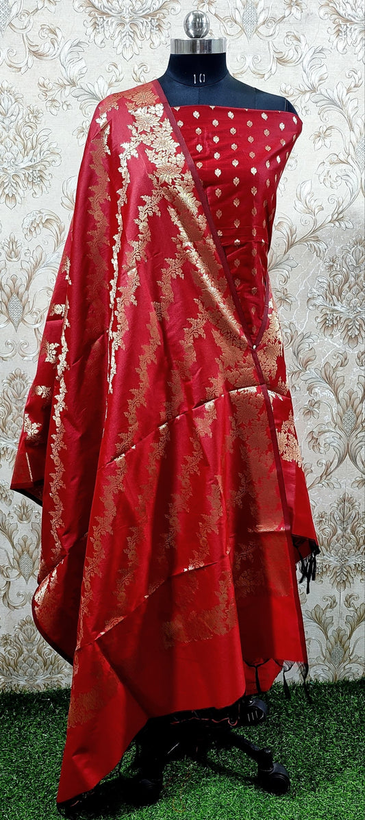 Red Katan Silk Floral Zari Booti with Aada Stripe Dupatta Banarasi Suit 700SKL_KS57