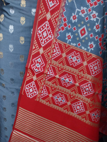 Grey Katan Silk Sona Rupa Floral Booti Banarasi Suit with Patola Dupatta 700SKL_KSP6