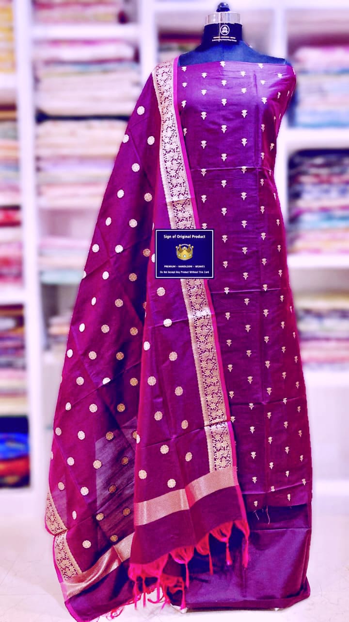 Wine Katan Silk Zari Booti with Kimkhab Dupatta Banarasi 3 pcs Suit Set 700SKL_KS35