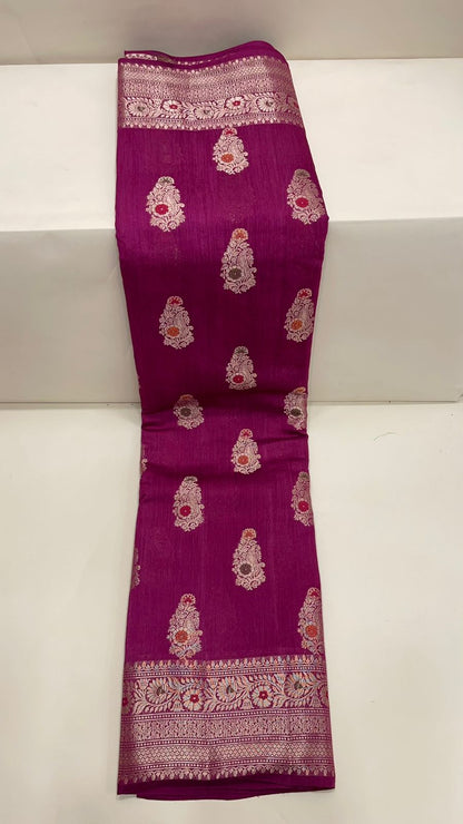Faishana Pure Silk Handloom Pink Pure Muga Silk Zari Mina Booti Minakari Jaal Pallu with Minakari Zari Border Banarasi Saree with Pink Blouse
