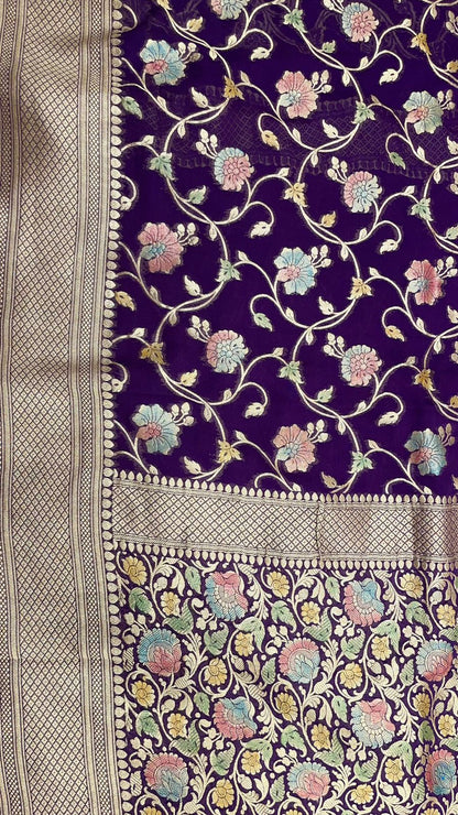 Faishana Pure Silk Handloom Exquisite Purple Khaddi Georgette Hand Brush Floral Zari Kadhwa Jaal with Banarasi Zari Border with Purple Blouse