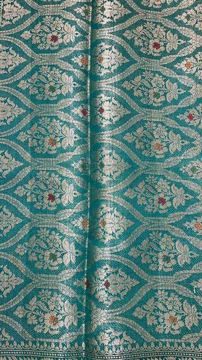 Exquisite Elegance: Faishana Pure Silk Handloom Sea Green Munga Silk Zari Mina Booti with Minakari Jaal Anchal Zari Border Saree &amp; Sea green Blouse Piece
