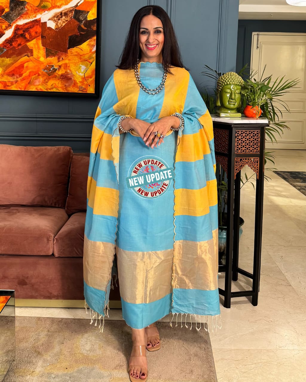 Elegant Sky Blue & Yellow Cotton Silk Banarasi Suit with Zari Stripe Dupatta 750SKL_CS1