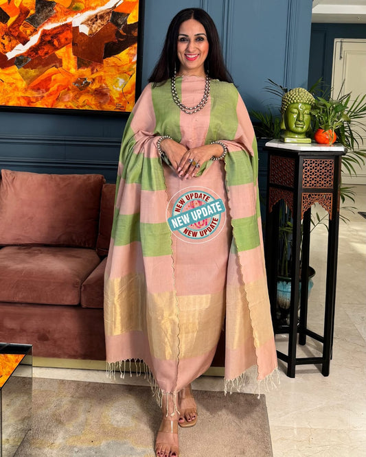 Elegant Light Pink & Green Cotton Silk Banarasi Suit with Zari Stripe Dupatta 750SKL_CS11