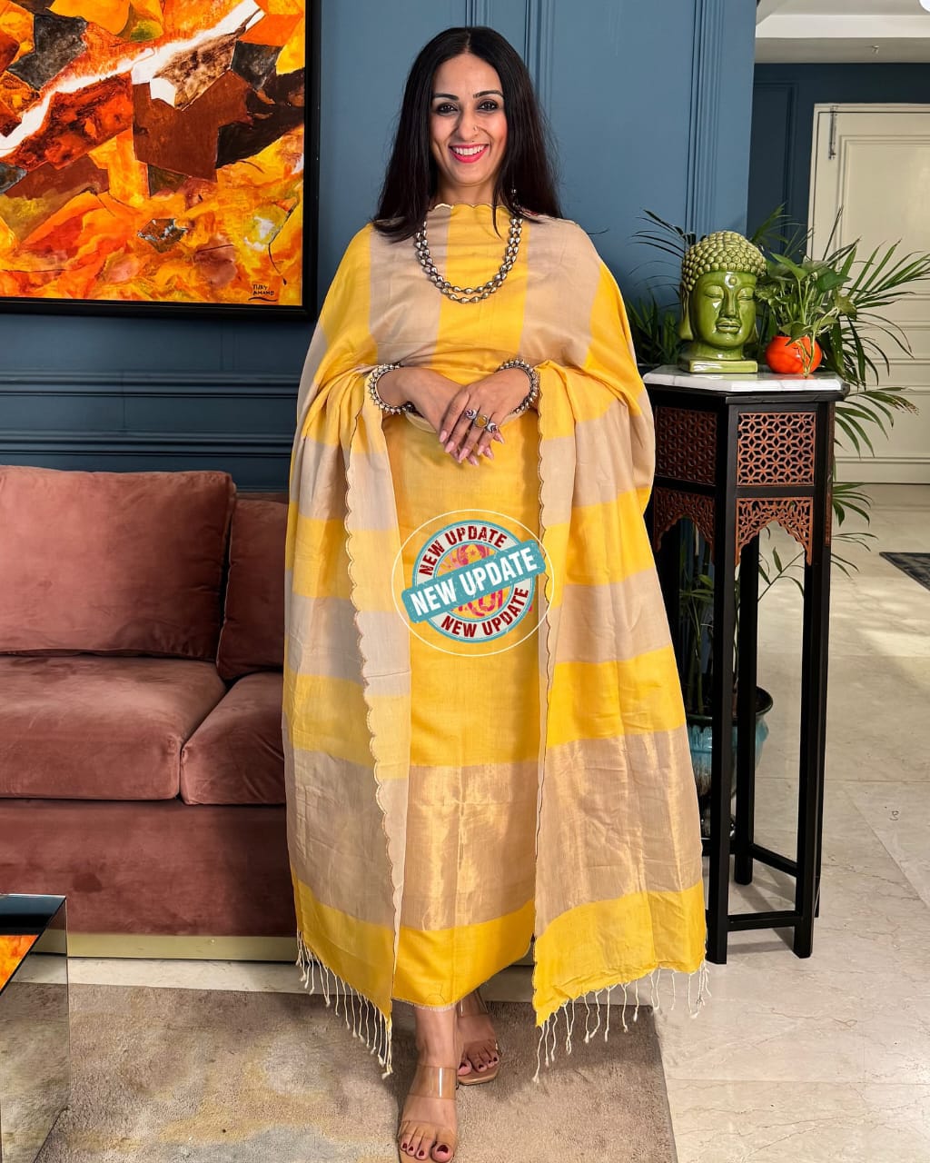 Elegant Yellow & Tussar Cotton Silk Banarasi Suit with Zari Stripe Dupatta 750SKL_CS14