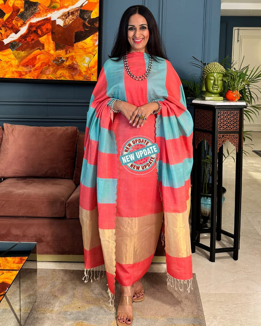 Elegant Peach & Sky Blue Cotton Silk Banarasi Suit with Zari Stripe Dupatta 750SKL_CS2