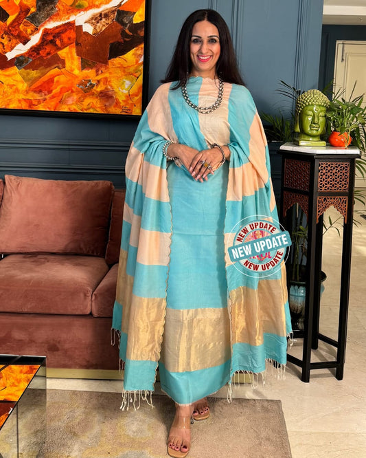 Elegant Sky Blue & Beige Cotton Silk Banarasi Suit with Zari Stripe Dupatta 750SKL_CS4