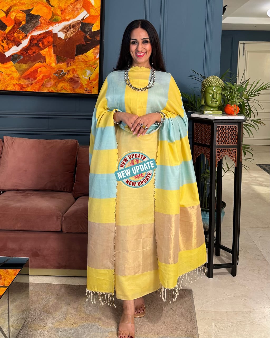 Elegant Light Yellow & Sky Blue Cotton Silk Banarasi Suit with Zari Stripe Dupatta 750SKL_CS5