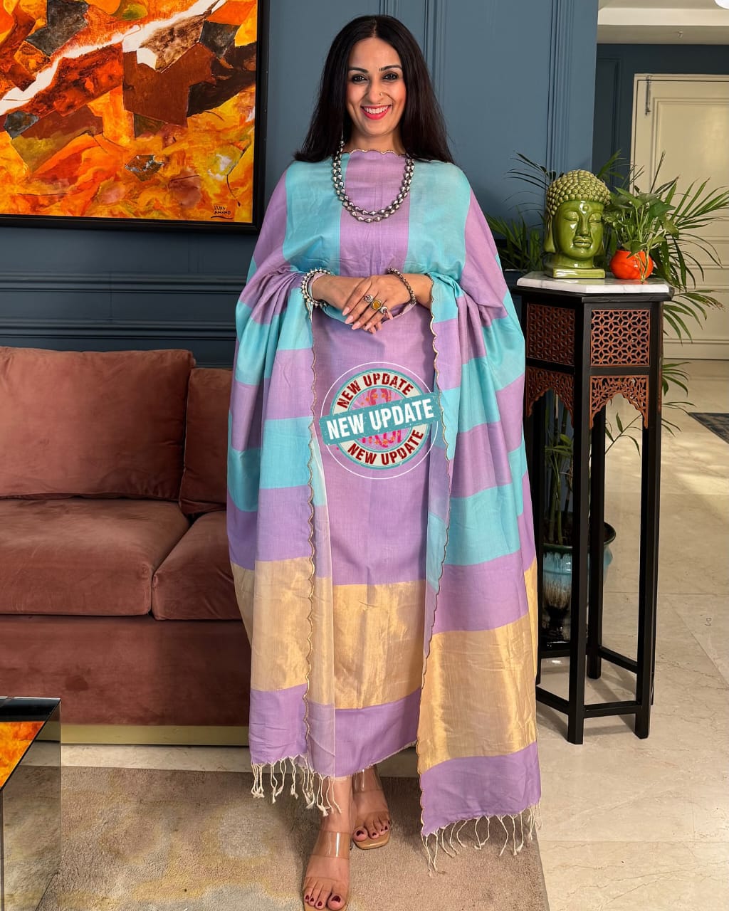 Elegant Lavander & Sky Blue Cotton Silk Banarasi Suit with Zari Stripe Dupatta 750SKL_CS6