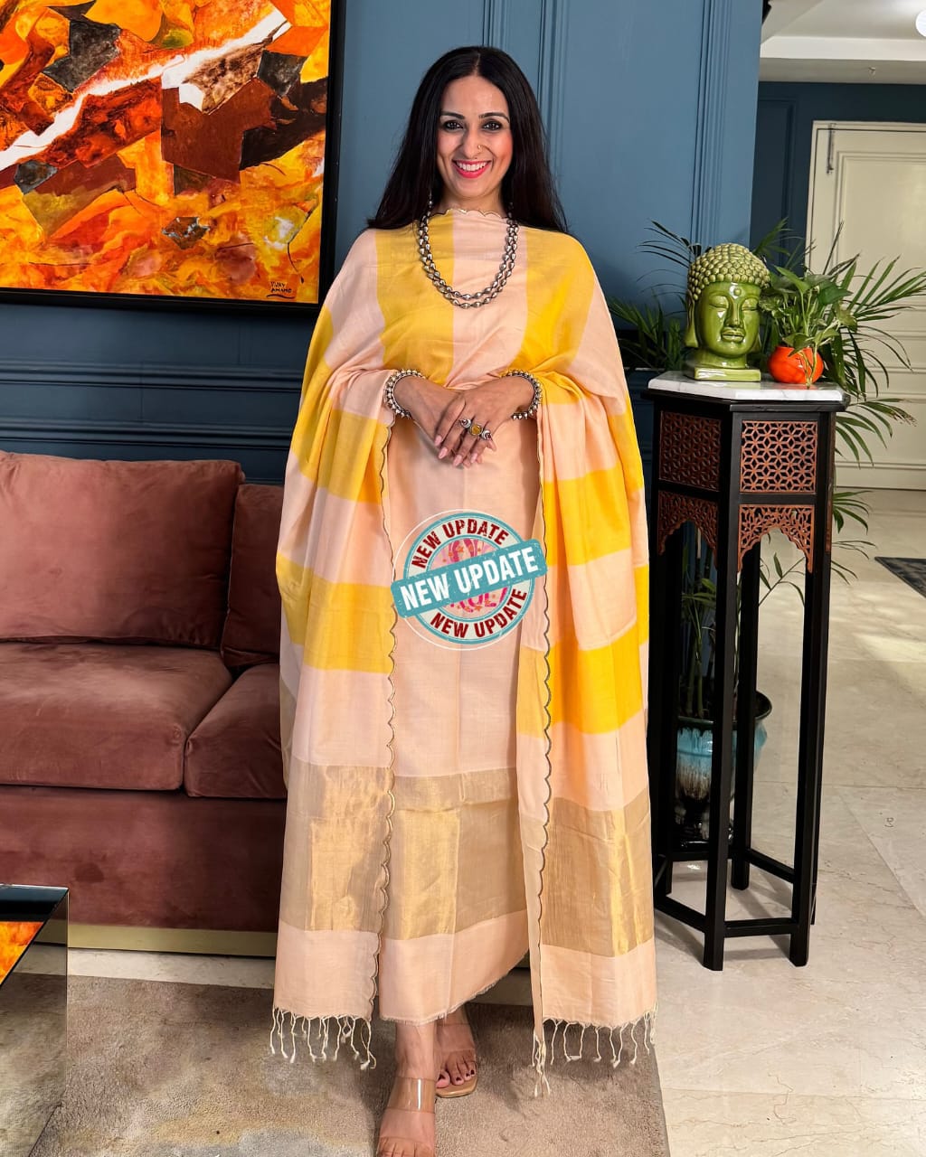 Elegant Peach & Gold Cotton Silk Banarasi Suit with Zari Stripe Dupatta 750SKL_CS9