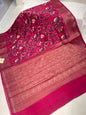 Faishana Pure Silk Handloom Pink Katan Georgette Digital Printed Zari Floral Jaal Kadhwa Banarasi Border with Pink Blouse.