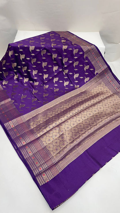 Regal Charm: Faishana's Exquisite Pure Silk Handloom Purple Chiniya Silk Gold Floral Zari Booti with Minakari Border & Purple Blouse