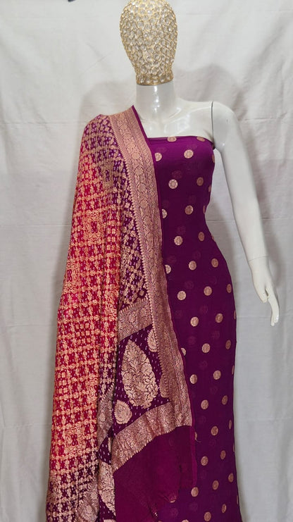Pure Handloom Wine Khaddi Georgette Banarasi Suit with Contrast Bandhani Dupatta 78SKL_KG1
