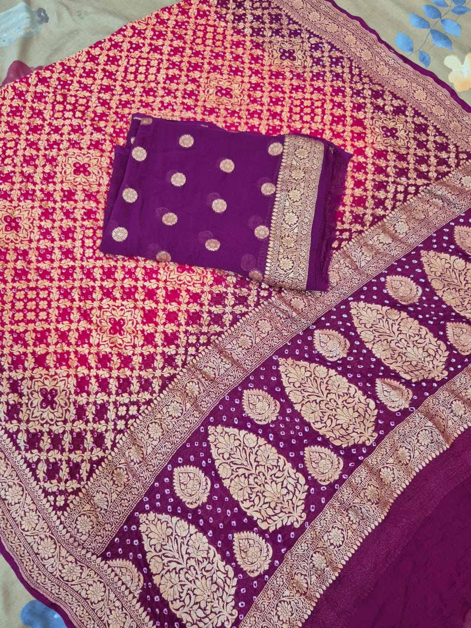 Pure Handloom Wine Khaddi Georgette Banarasi Suit with Contrast Bandhani Dupatta 78SKL_KG1