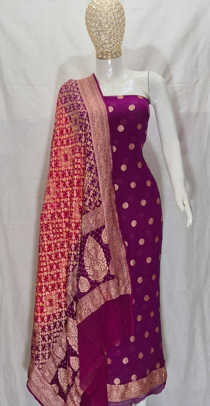 Pure Handloom Wine Khaddi Georgette Banarasi Suit with Contrast Bandhani Dupatta 78SKL_KG1