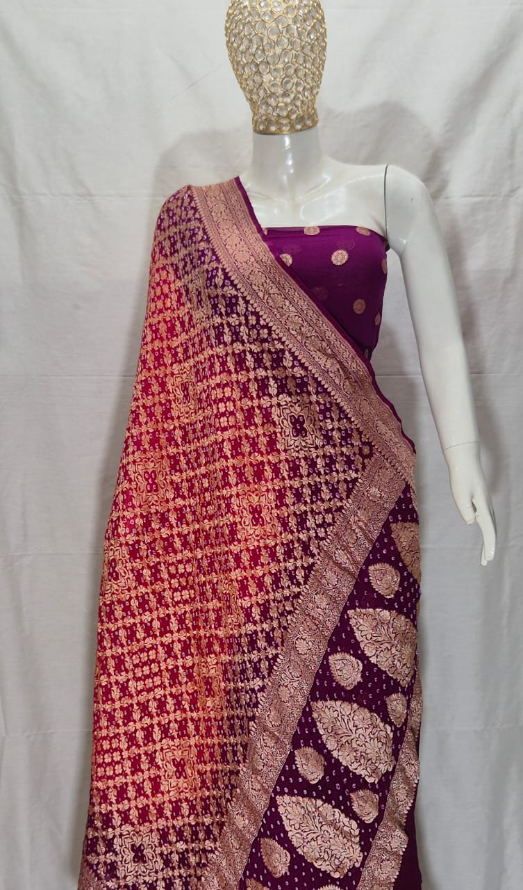 Pure Handloom Wine Khaddi Georgette Banarasi Suit with Contrast Bandhani Dupatta 78SKL_KG1