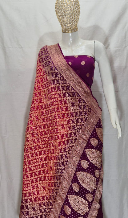 Pure Handloom Wine Khaddi Georgette Banarasi Suit with Contrast Bandhani Dupatta 78SKL_KG1