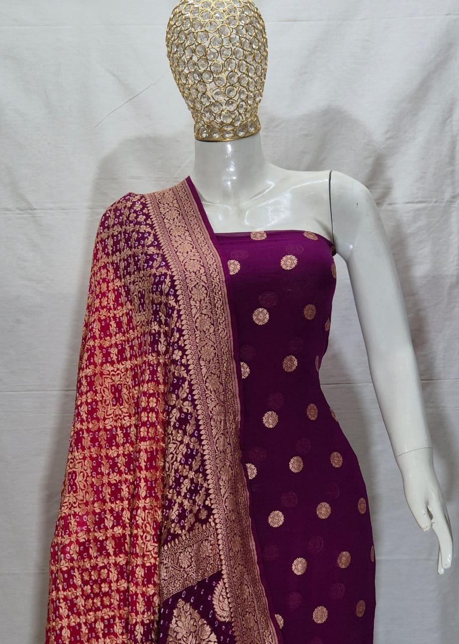 Pure Handloom Wine Khaddi Georgette Banarasi Suit with Contrast Bandhani Dupatta 78SKL_KG1