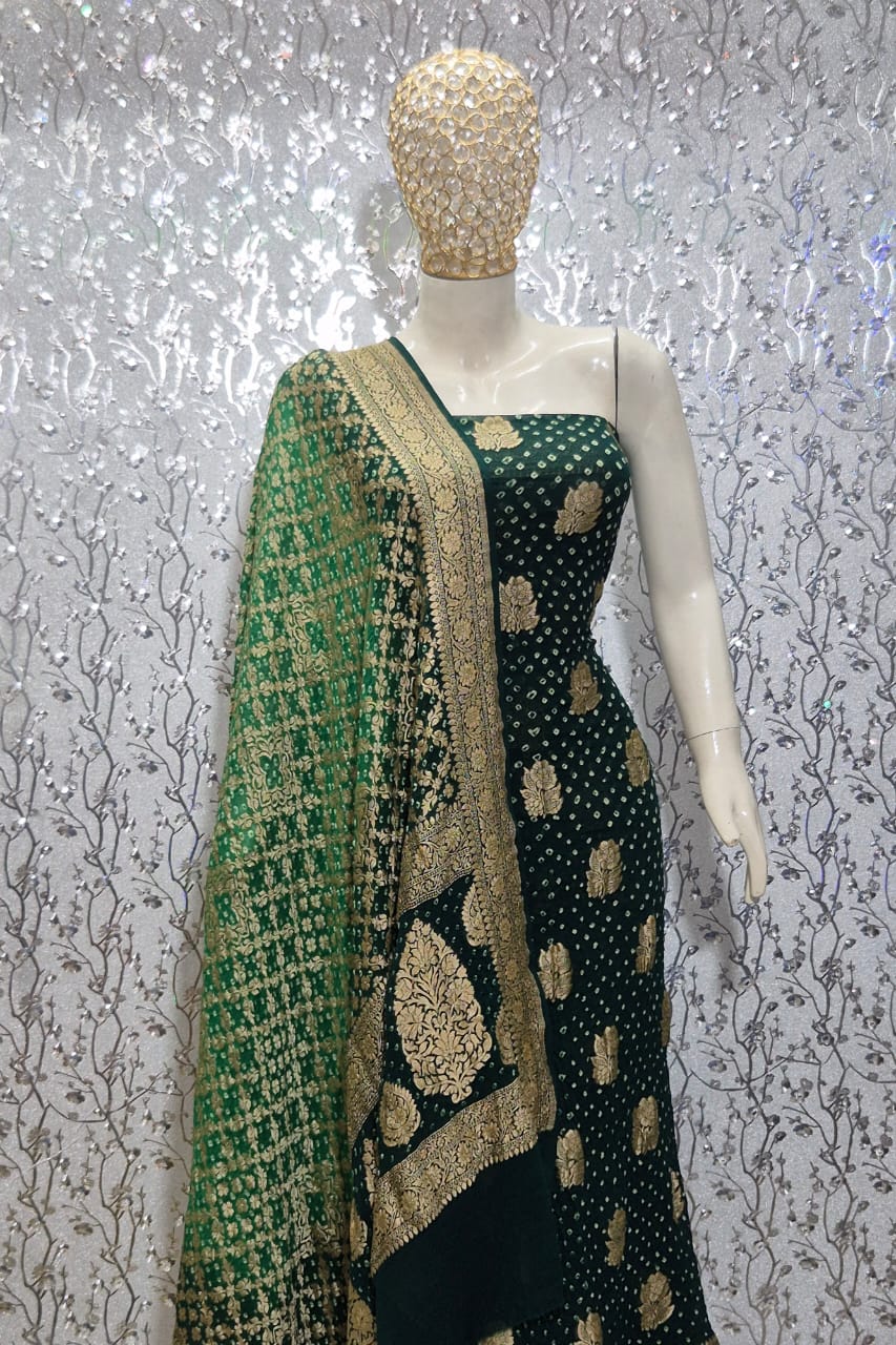 Pure Handloom Dark Green Khaddi Georgette Banarasi Suit with Contrast Bandhani Dupatta 78SKL_KG2