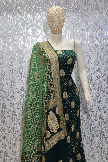 Pure Handloom Dark Green Khaddi Georgette Banarasi Suit with Contrast Bandhani Dupatta 78SKL_KG2