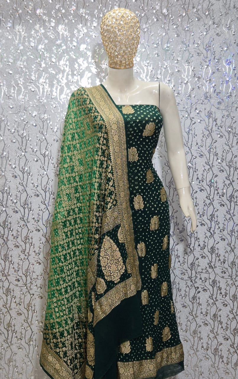 Pure Handloom Dark Green Khaddi Georgette Banarasi Suit with Contrast Bandhani Dupatta 78SKL_KG2