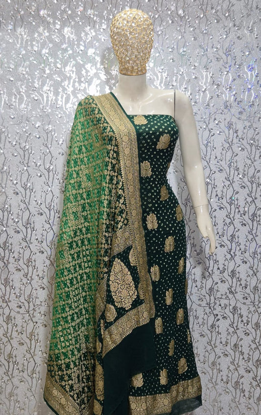 Pure Handloom Dark Green Khaddi Georgette Banarasi Suit with Contrast Bandhani Dupatta 78SKL_KG2