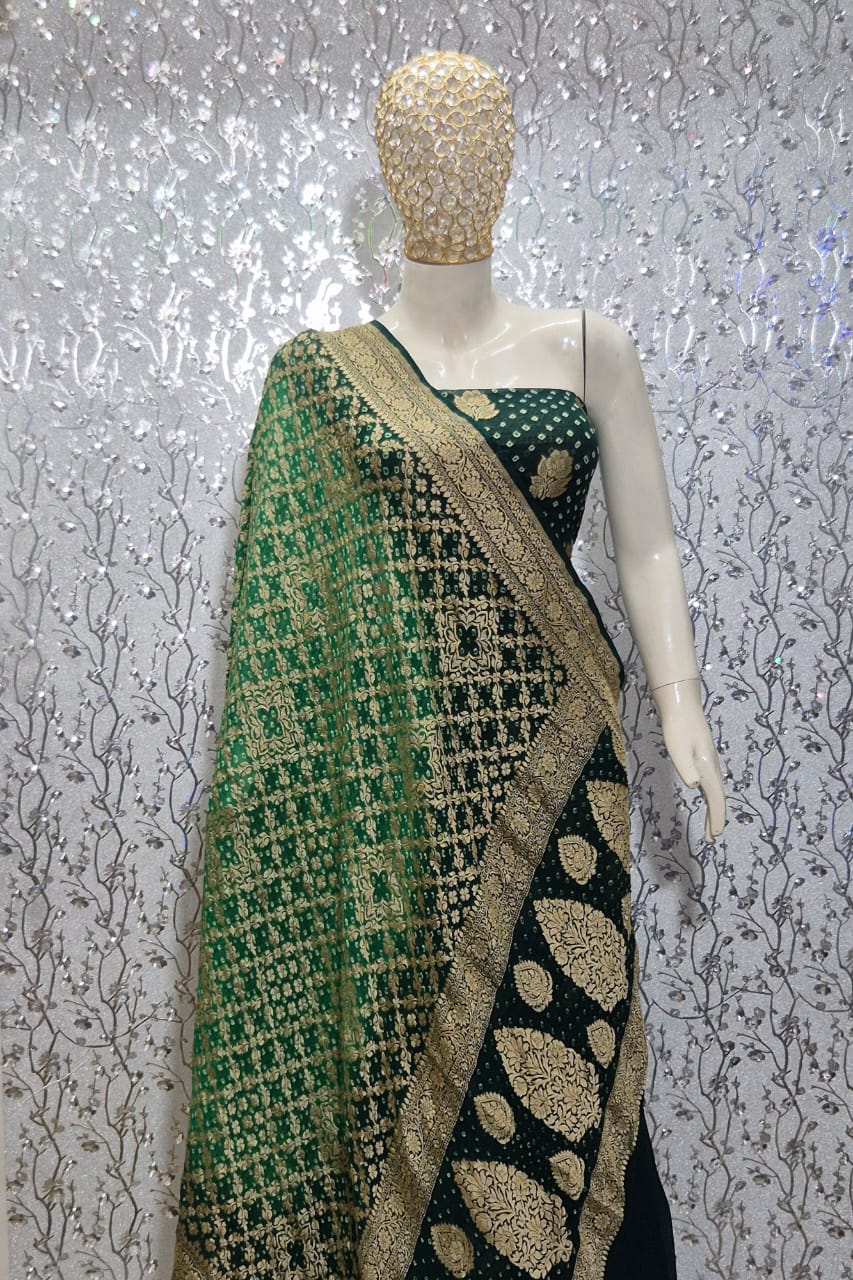 Pure Handloom Dark Green Khaddi Georgette Banarasi Suit with Contrast Bandhani Dupatta 78SKL_KG2