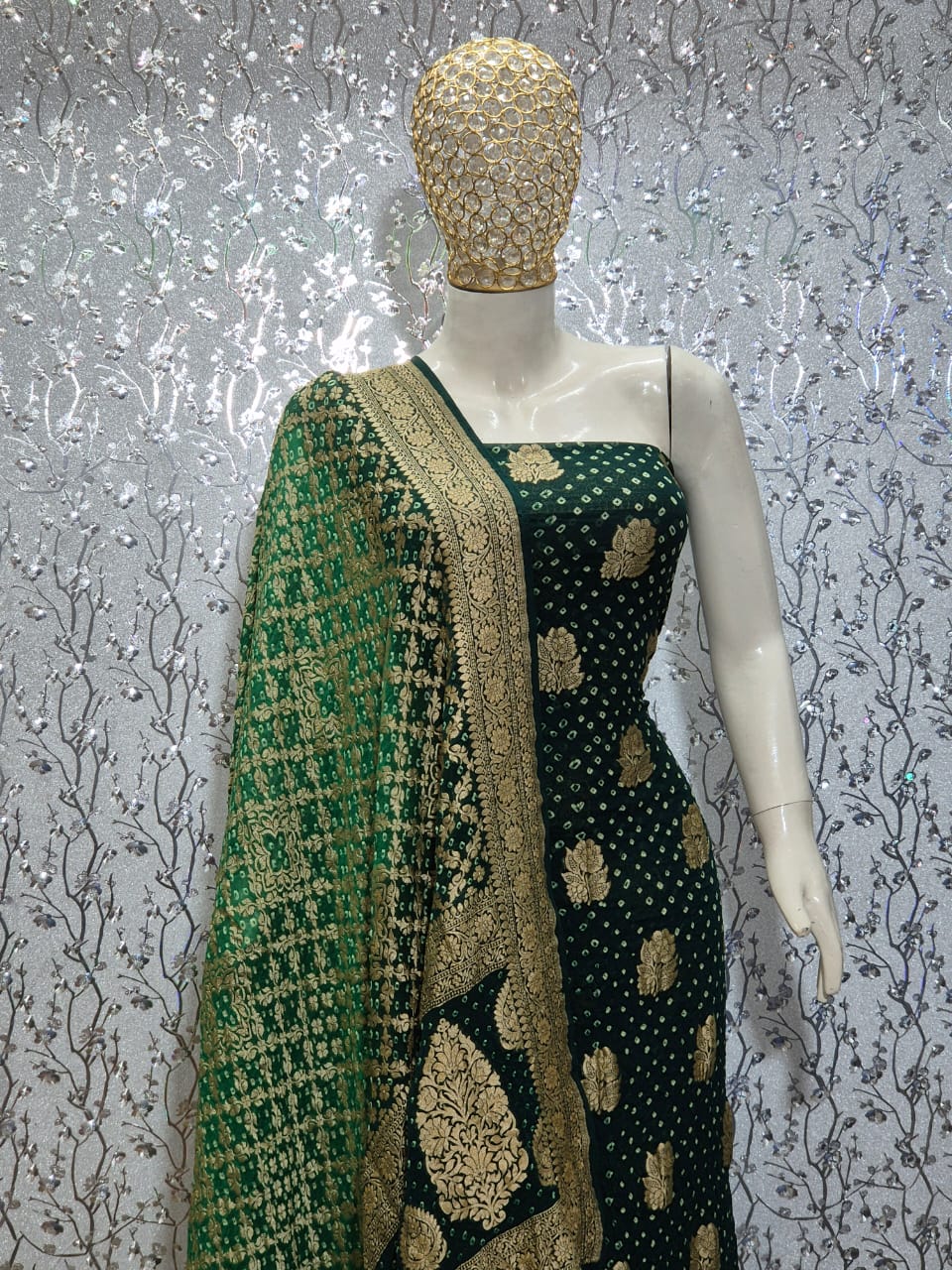 Pure Handloom Dark Green Khaddi Georgette Banarasi Suit with Contrast Bandhani Dupatta 78SKL_KG2