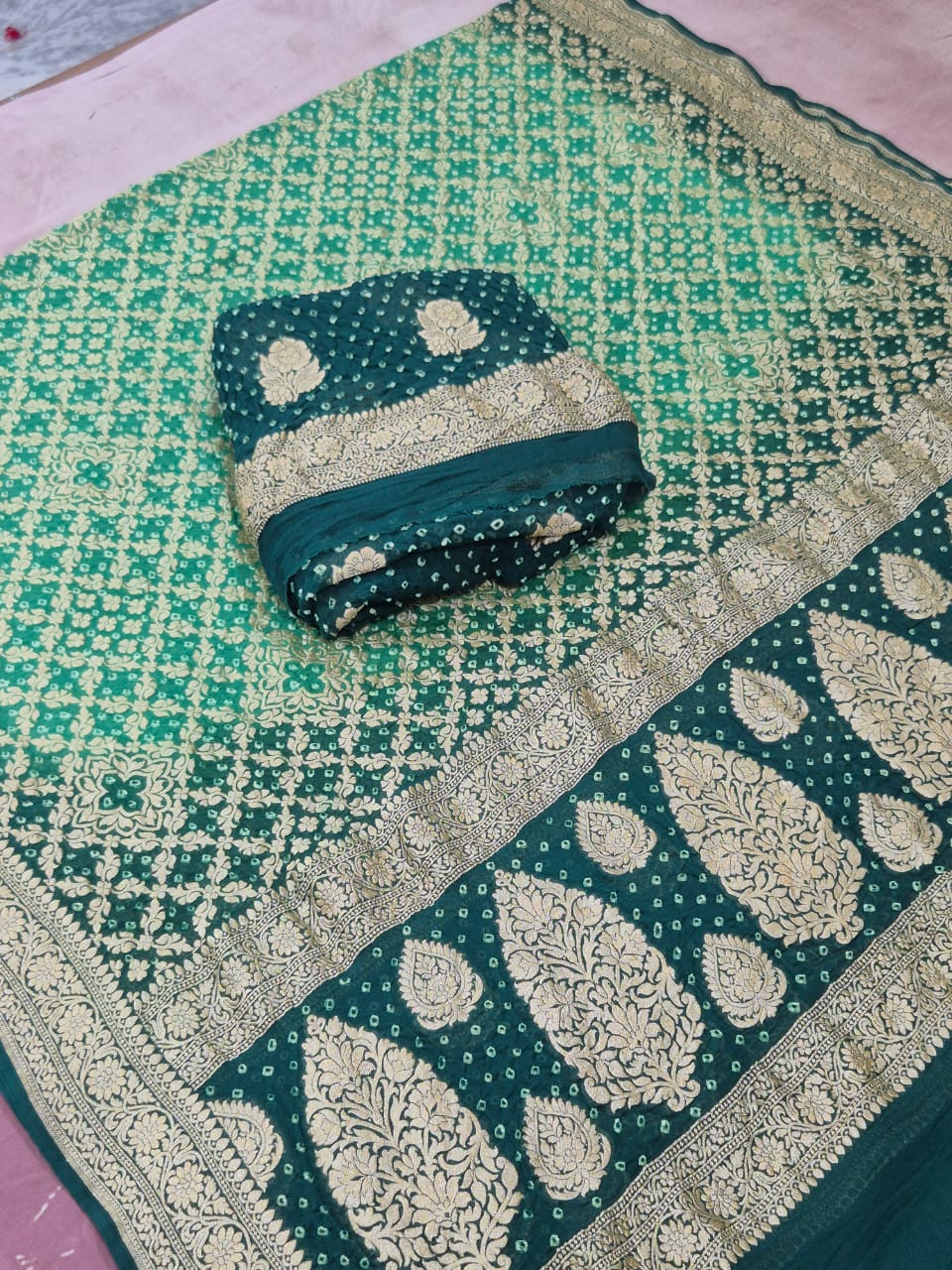 Pure Handloom Dark Green Khaddi Georgette Banarasi Suit with Contrast Bandhani Dupatta 78SKL_KG2