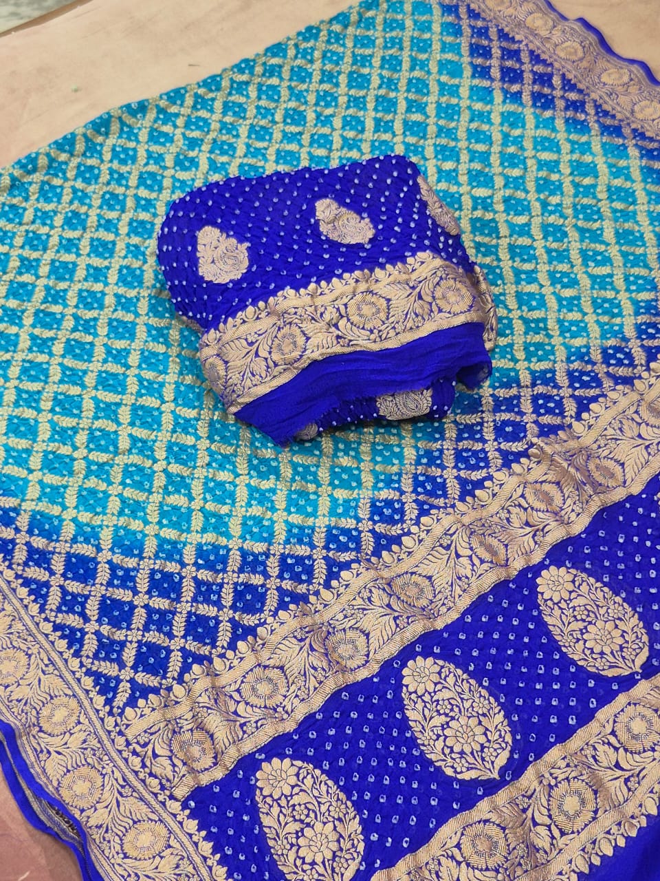 Pure Handloom Royal Blue Khaddi Georgette Banarasi Suit with Contrast Bandhani Dupatta 78SKL_KG3