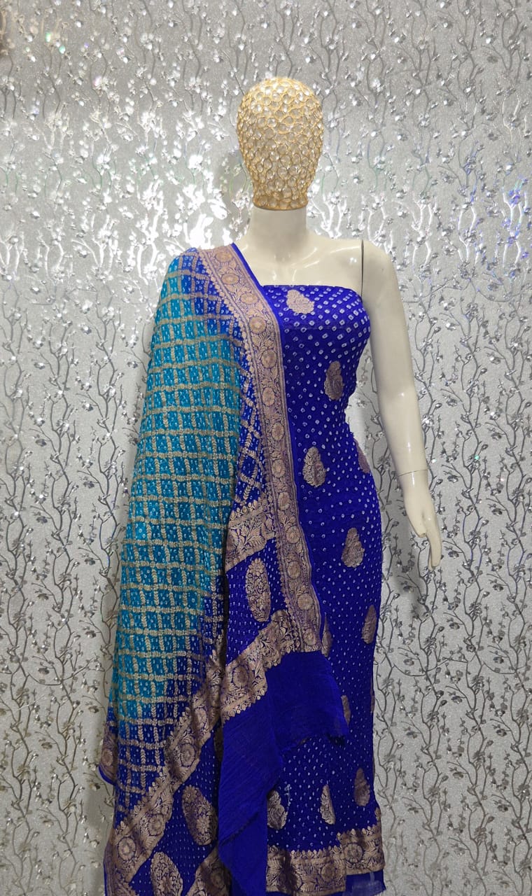 Pure Handloom Royal Blue Khaddi Georgette Banarasi Suit with Contrast Bandhani Dupatta 78SKL_KG3