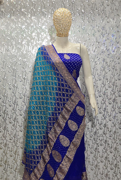 Pure Handloom Royal Blue Khaddi Georgette Banarasi Suit with Contrast Bandhani Dupatta 78SKL_KG3