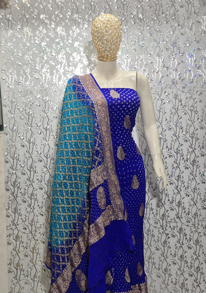 Pure Handloom Royal Blue Khaddi Georgette Banarasi Suit with Contrast Bandhani Dupatta 78SKL_KG3