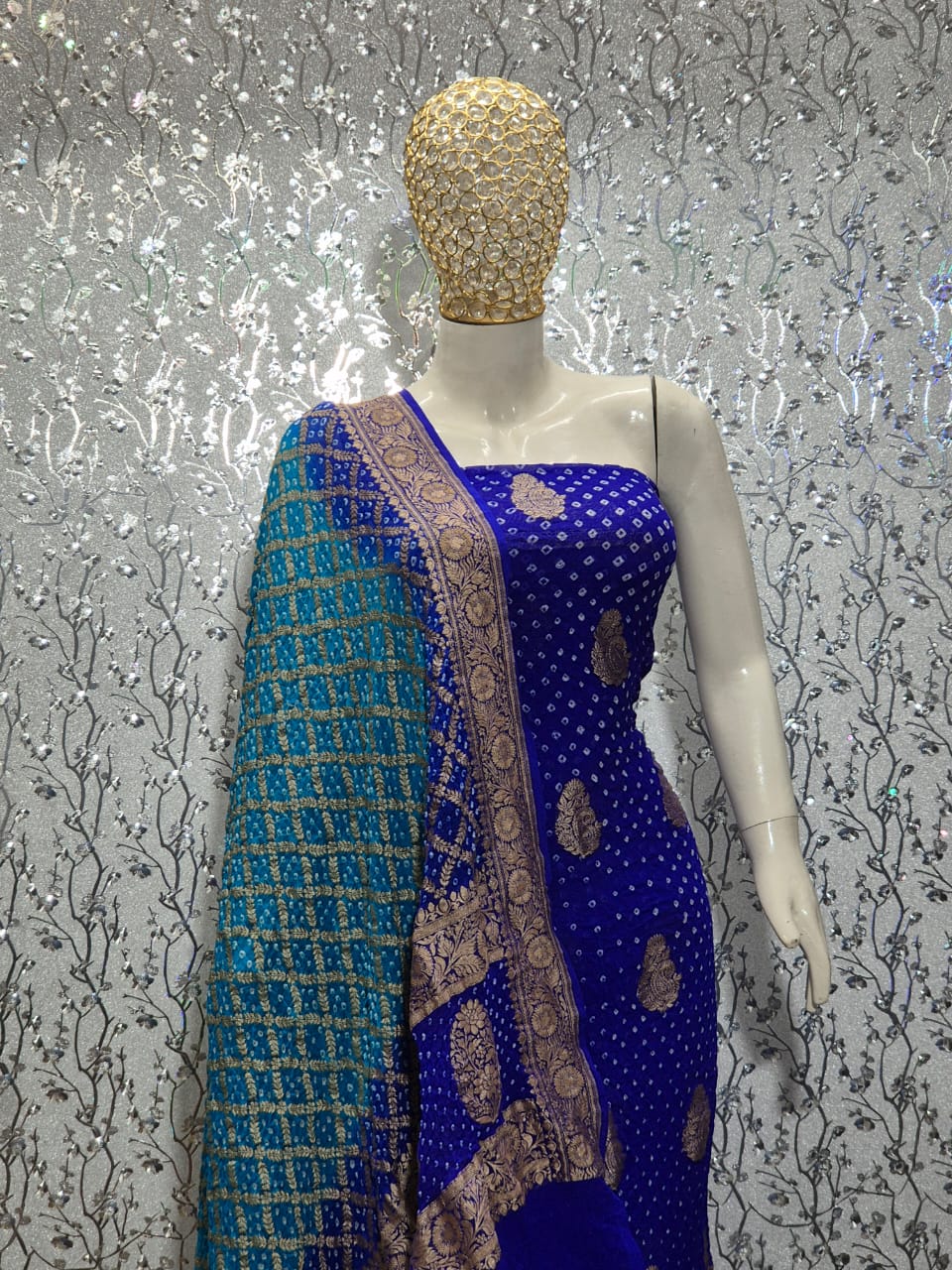 Pure Handloom Royal Blue Khaddi Georgette Banarasi Suit with Contrast Bandhani Dupatta 78SKL_KG3