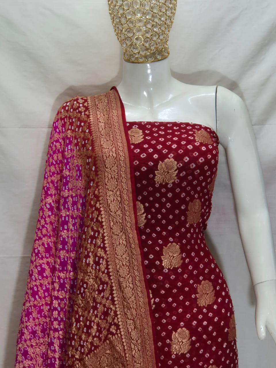 Pure Handloom Burgundy Khaddi Georgette Banarasi Suit with Contrast Bandhani Dupatta 78SKL_KG4