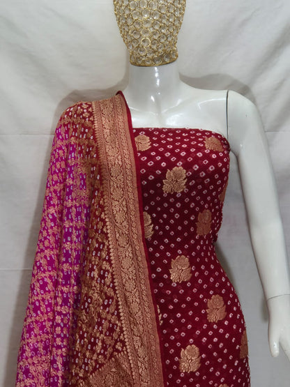 Pure Handloom Burgundy Khaddi Georgette Banarasi Suit with Contrast Bandhani Dupatta 78SKL_KG4