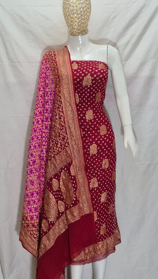 Pure Handloom Burgundy Khaddi Georgette Banarasi Suit with Contrast Bandhani Dupatta 78SKL_KG4