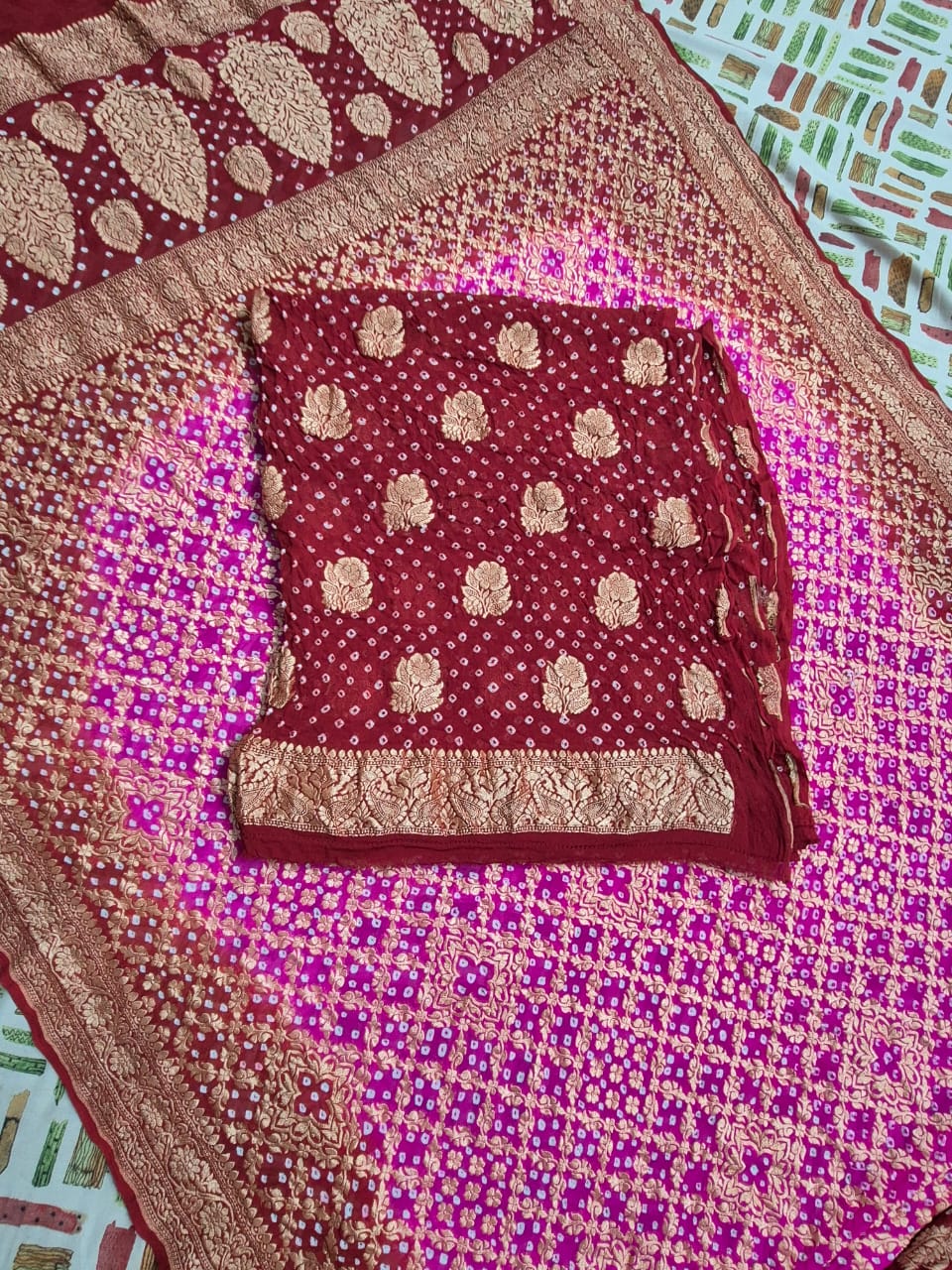 Pure Handloom Burgundy Khaddi Georgette Banarasi Suit with Contrast Bandhani Dupatta 78SKL_KG4