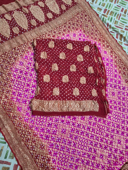 Pure Handloom Burgundy Khaddi Georgette Banarasi Suit with Contrast Bandhani Dupatta 78SKL_KG4