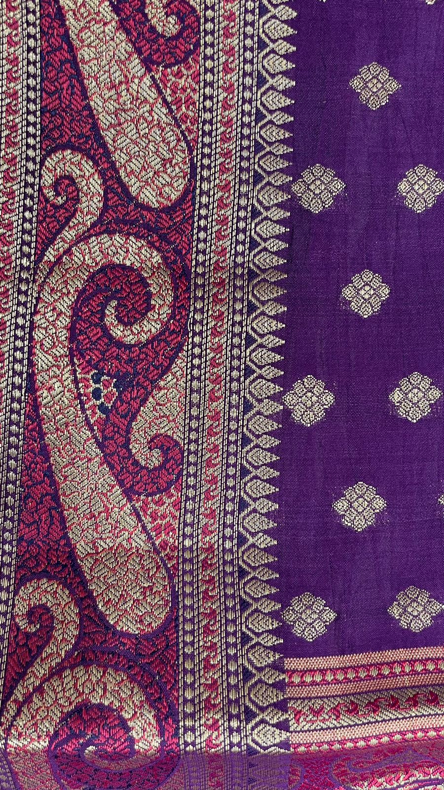 Regal Radiance: Faishana Pure Silk Handloom Purple Chiniya Silk Gold Zari Booti and Tilfi Anchal with Tilfi Zari Border Purple Blouse Piece