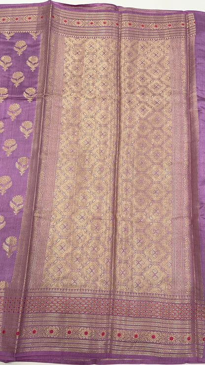 Royal Elegance: Faishana's Exquisite Light Purple Pure Chiniya Silk Gold Floral Zari Booti with Minakari Border & Purple Blouse