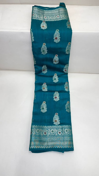 Exquisite Elegance: Faishana Pure Silk Handloom Sea Green Munga Silk Zari Mina Booti with Minakari Jaal Anchal Zari Border Saree &amp; Sea green Blouse Piece