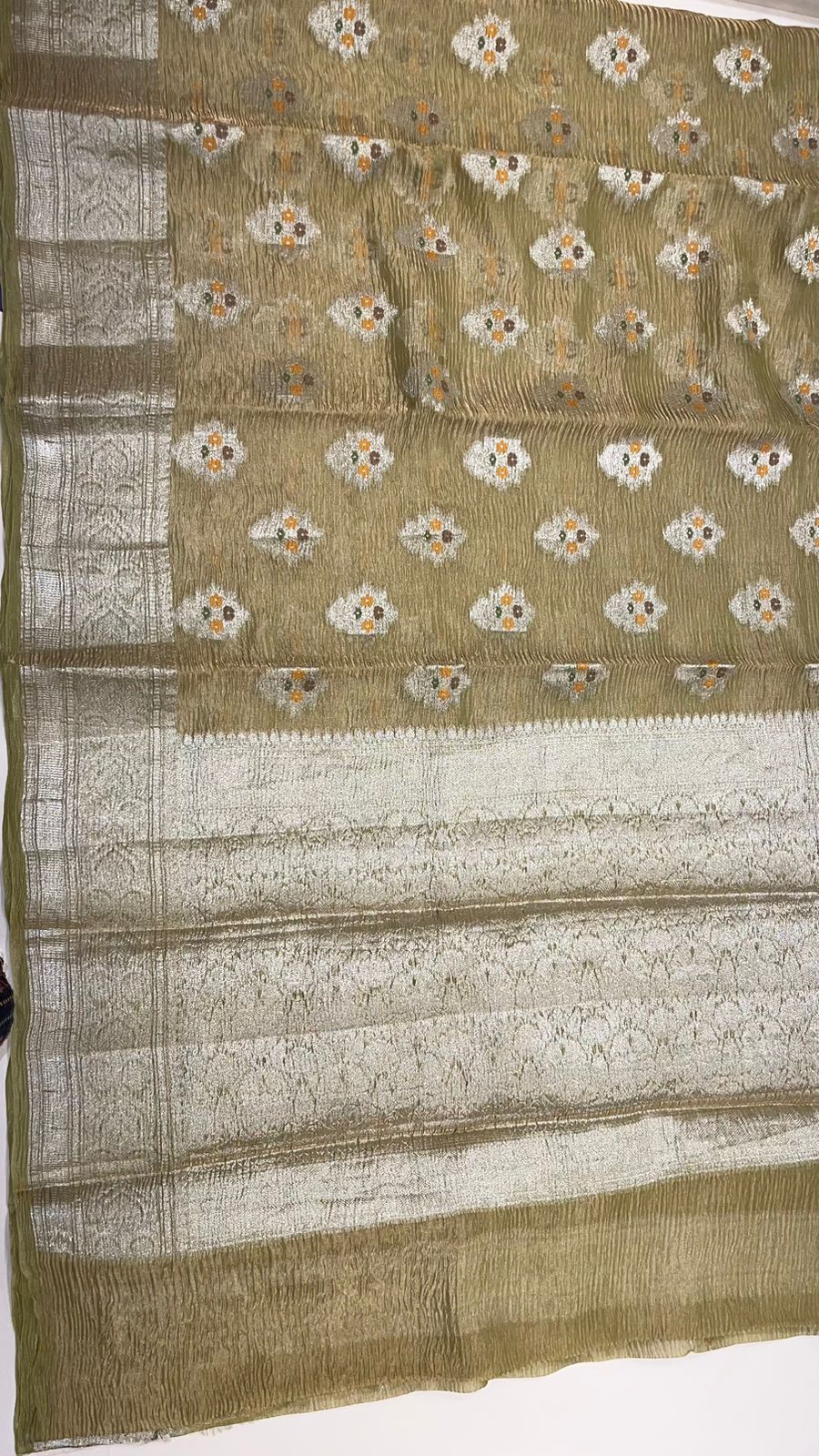 Faishana Elegance: Faishana's Pure Silk Handloom Olive Crush Tissue Zari Minakari Booti with Zari Border and matching Olive Blouse Piece