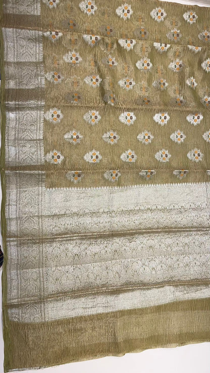 Faishana Elegance: Faishana's Pure Silk Handloom Olive Crush Tissue Zari Minakari Booti with Zari Border and matching Olive Blouse Piece