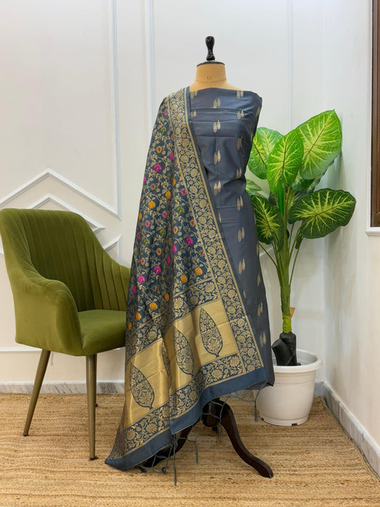 Grey Katan Silk Zari With Multicolor Mina Jaal Dupatta 800SKL_KS30