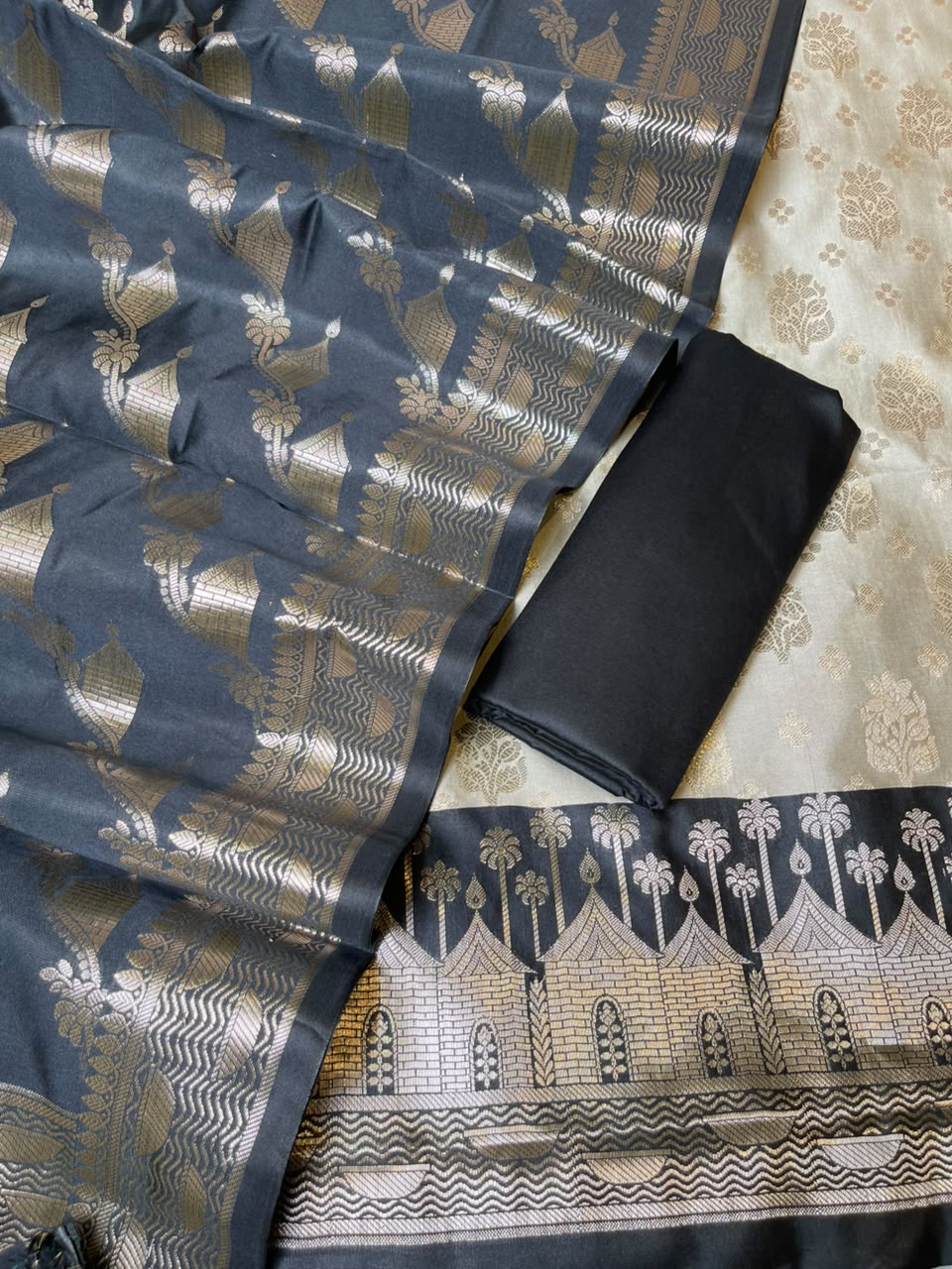 Pista Green Katan Silk Floral Zari Boota Contrast Black Ghat Border Banarasi Suit and Aada Jaal Dupatta 800ARS_KSG1