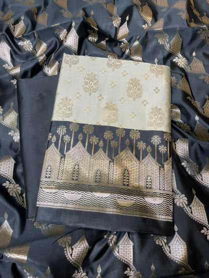 Pista Green Katan Silk Floral Zari Boota Contrast Black Ghat Border Banarasi Suit and Aada Jaal Dupatta 800ARS_KSG1