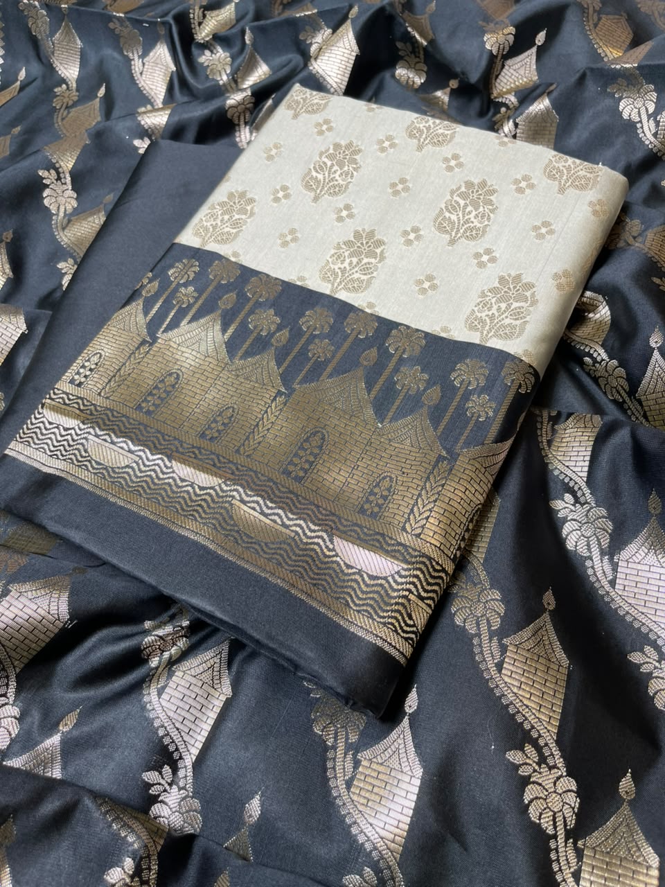 Pista Green Katan Silk Floral Zari Boota Contrast Black Ghat Border Banarasi Suit and Aada Jaal Dupatta 800ARS_KSG1